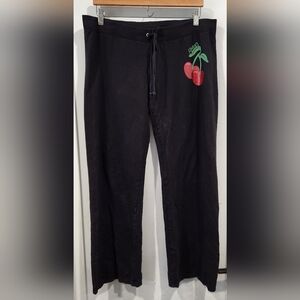 Vintage Y2K Juicy Couture Track Suit Lounge Pants Black Glitter Cherry Logo Sz L